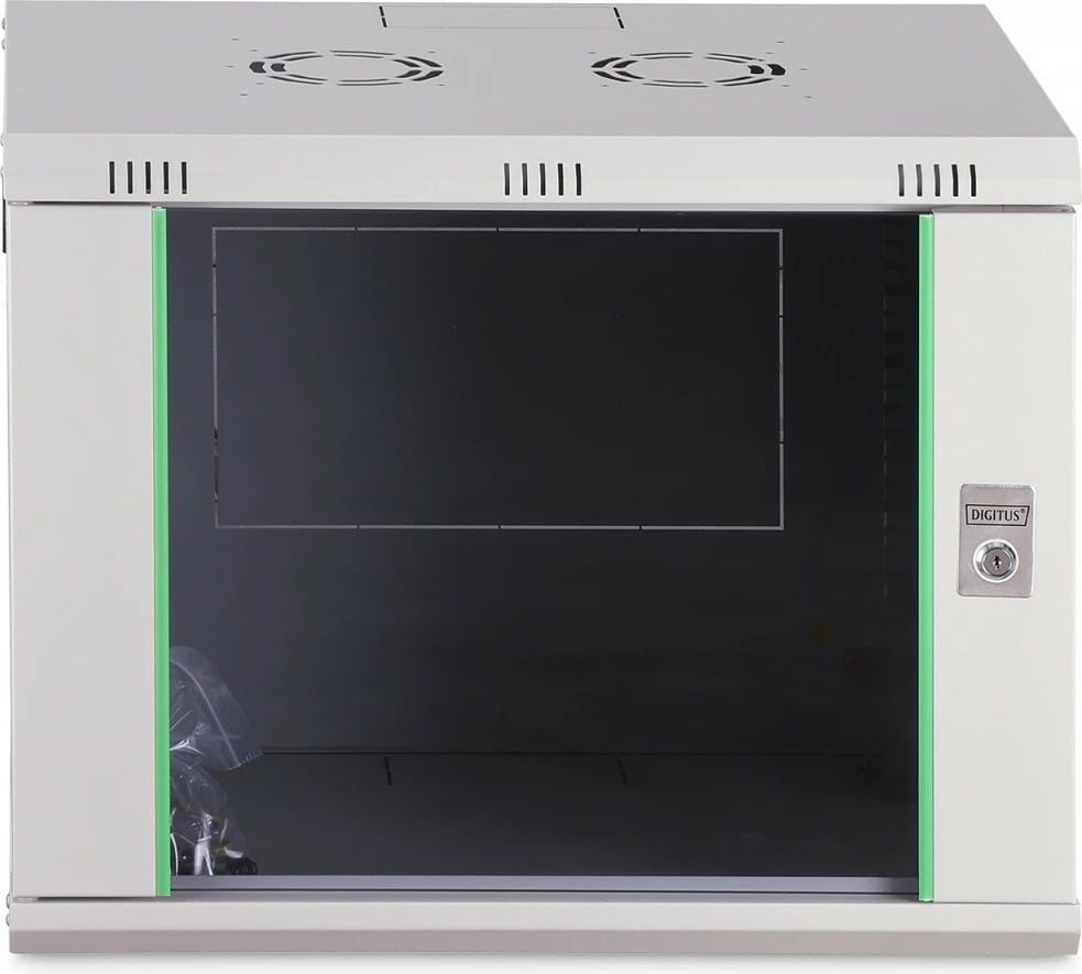 Kabinet rrjeti muror 19" 9U, Digitus, DN-37104, 474×600×450 mm, derë xhami, IP20, kapacitet ngarkese 60 kg, i pambledhur, gri