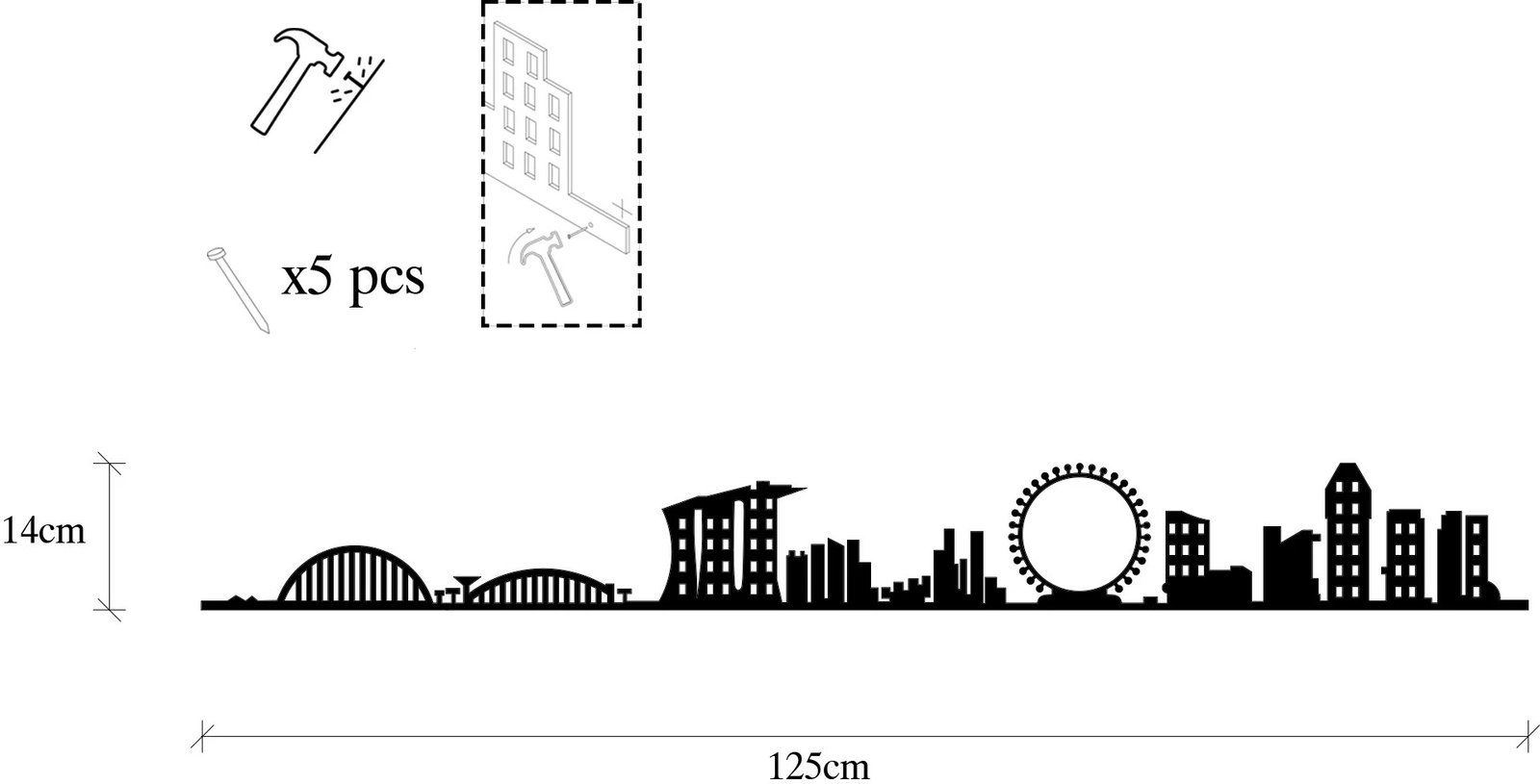 Aksesor dekorativ metalik për mur, skyline i Singaporit, Wallity