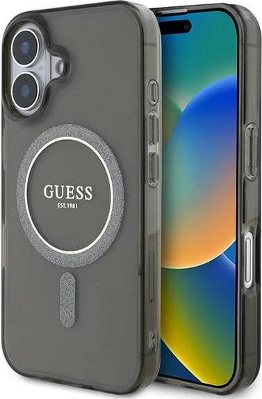 Mbështjellës Guess IML Glitter Circle MagSafe për iPhone 16, zi