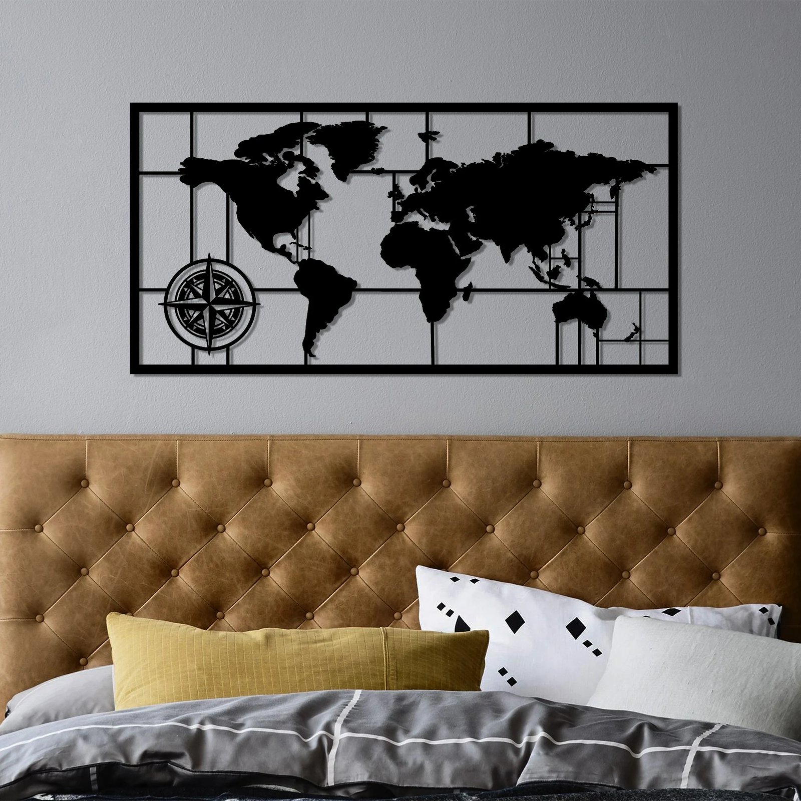 Aksesor dekorativ metalik për mur, hartë bote, Wallity, 81x40cm, e zezë