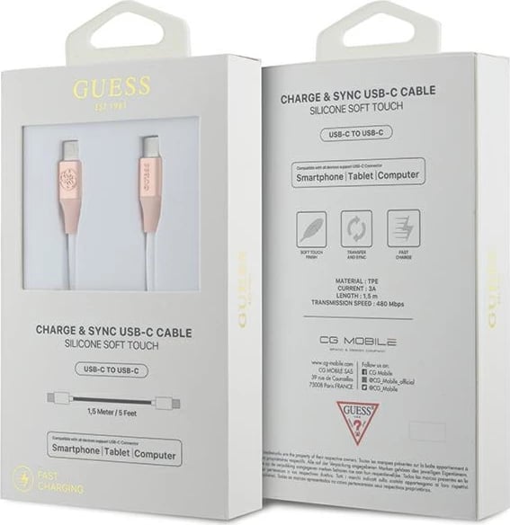 Kabllo Guess USB-C në USB-C 1.5m, Fast Charging, Rozë