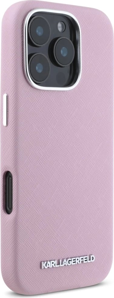 Mbështjellës Karl Lagerfeld Saffiano Full Wrapped Elongated Metal Logo MagSafe për iPhone 16 Pro, Rozë