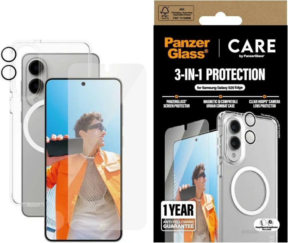 Set mbrojtës 3-në-1 PanzerGlass CARE për Samsung Galaxy S25 Edge, transparent