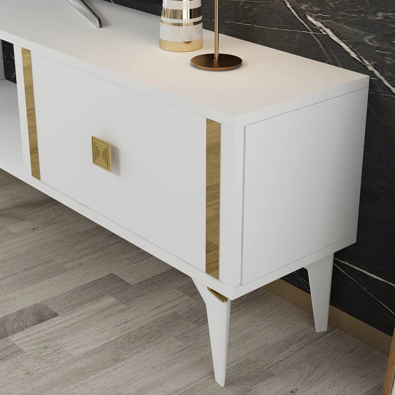 Komodë TV Skye Decor, e bardhë, e artë, Doruk