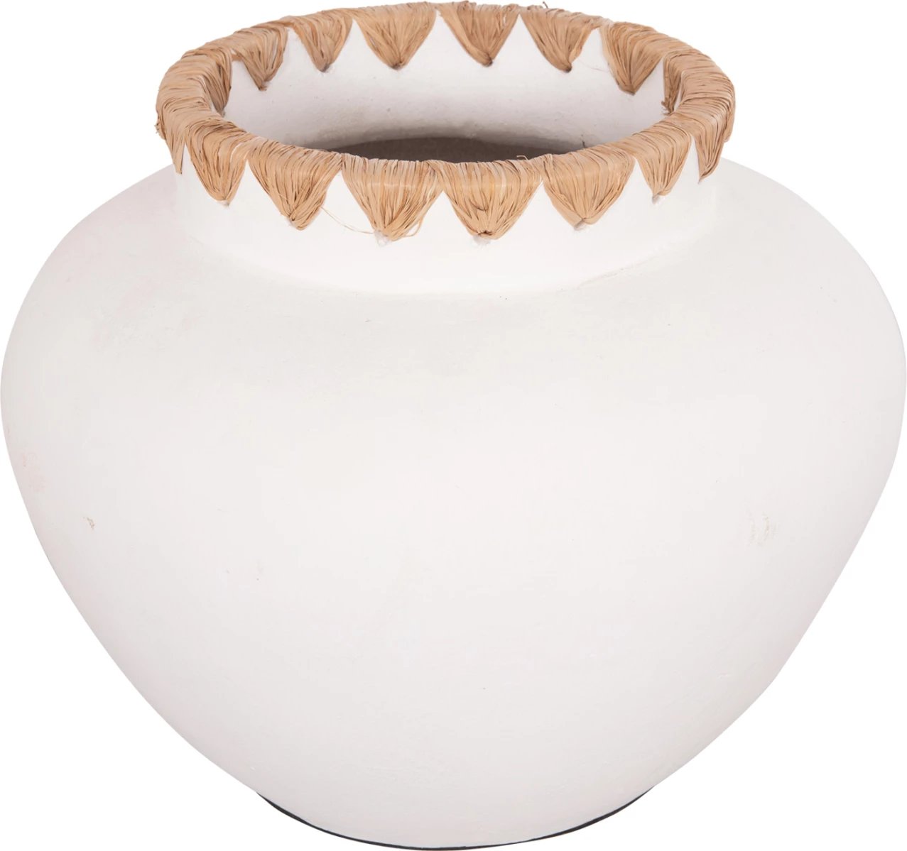 Vazo dekorative RENTON(L), terrakota, ngjyrë e bardhë, me thurje kashte në buzë, Φ32x26.5H cm