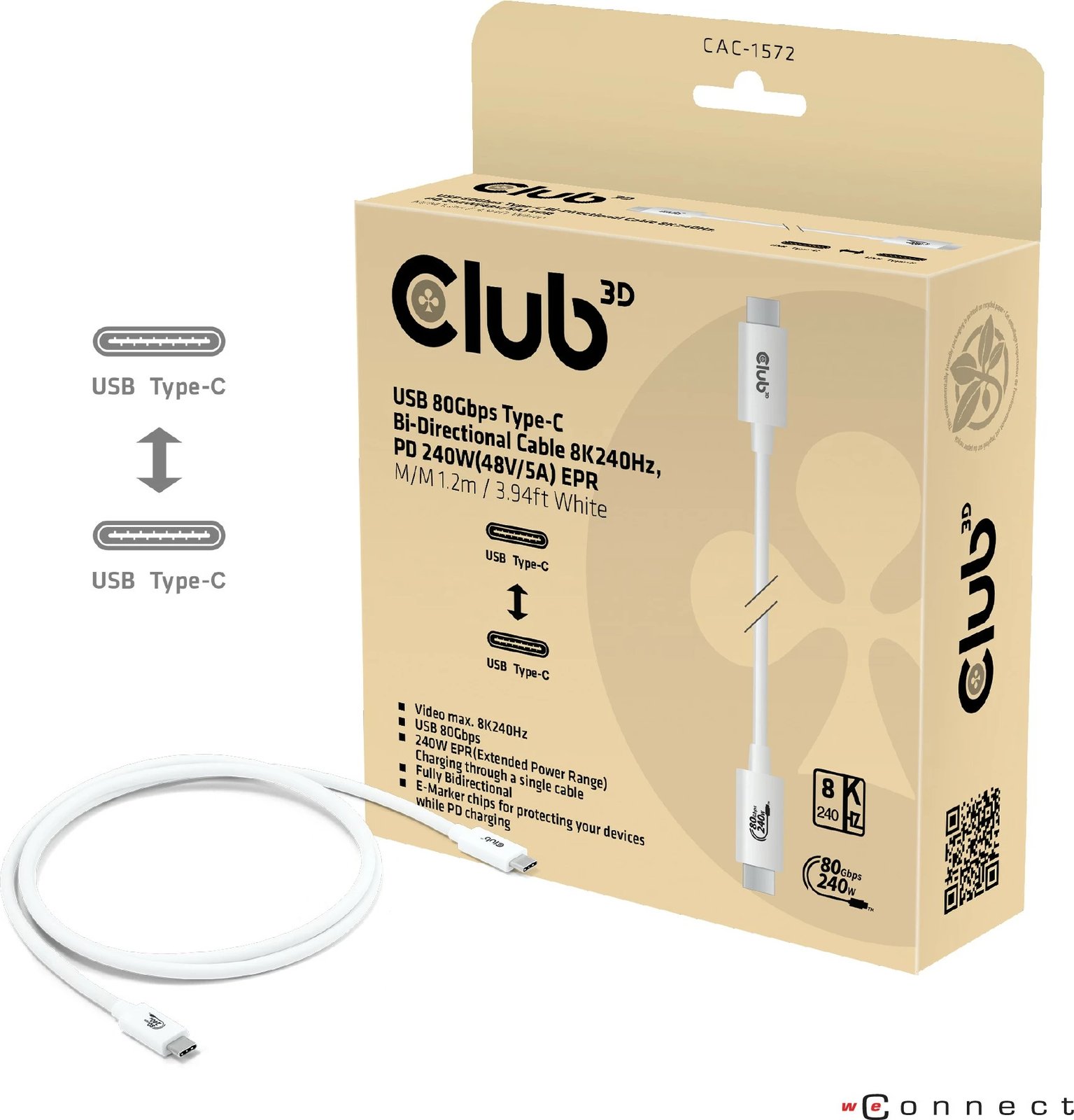 Kabllo USB Type-C Club3D 80Gbps, PD240W, 1.2m, e bardhë