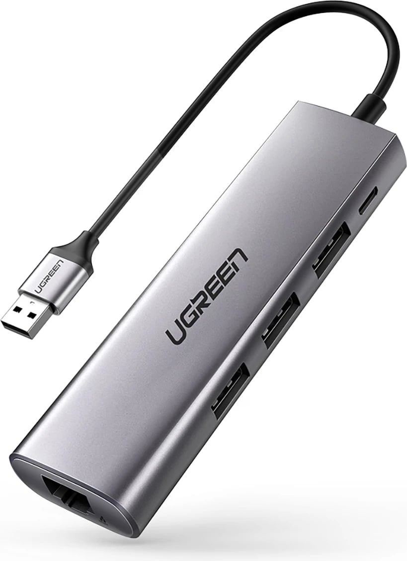 Adapter USB-A 5në1 Ugreen CM266 60812, 3x USB-A 3.0, RJ45, micro USB, Gri