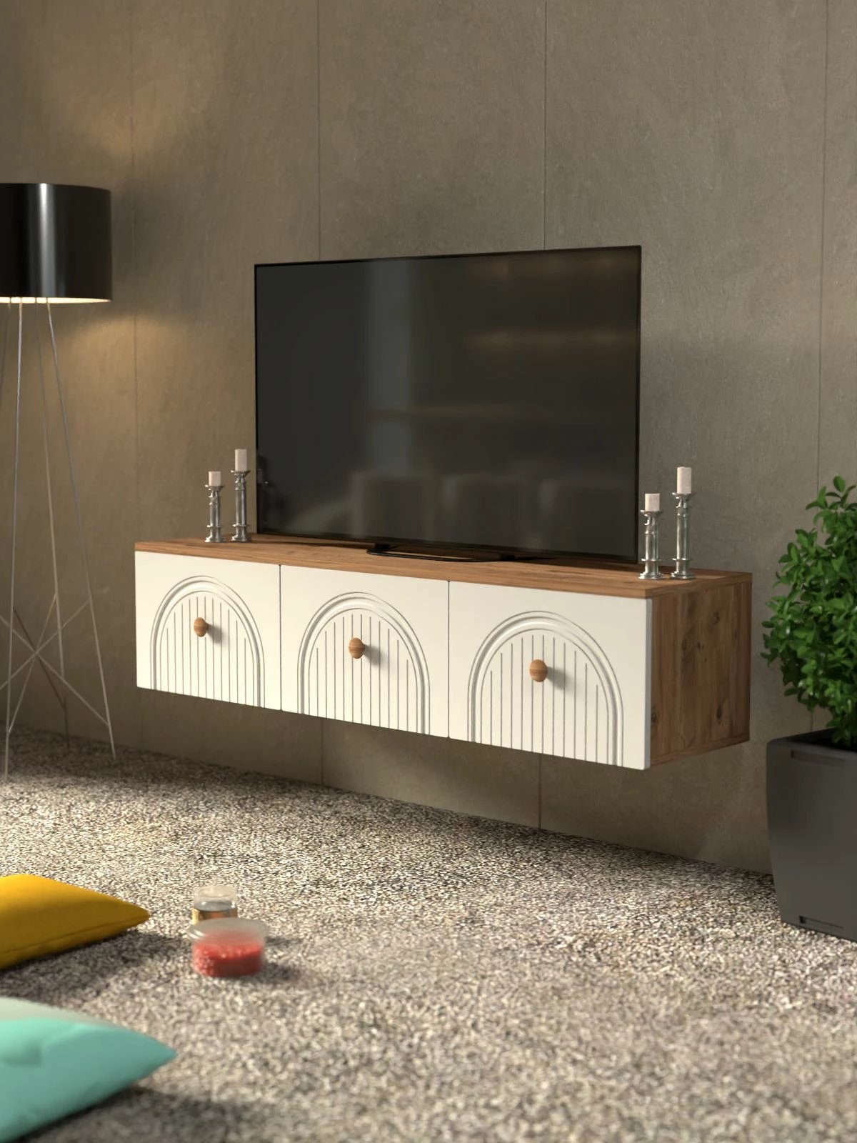 Komodë TV Skye Decor, Lunera 135, ngjyrë Atlantic Pine dhe e bardhë