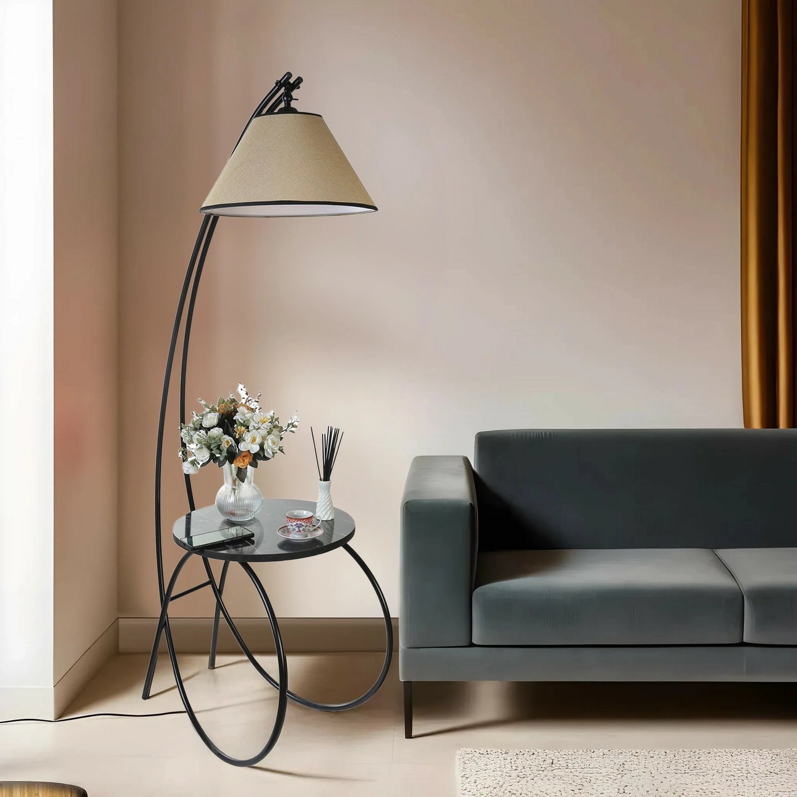 Llambë dyshemeje Opviq, 8847-2, e zezë dhe krem, me tavolinë