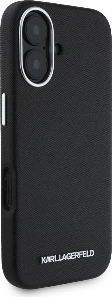 Mbështjellës Karl Lagerfeld Saffiano Full Wrapped Elongated Metal Logo MagSafe për iPhone 16, i zi