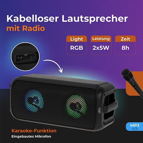 Altoparlant Bluetooth, Adler AD 1903, 10W, bateri 1500 mAh, BT 5.0, radio FM, LED RGB, karaoke, e zezë, me mikrofon