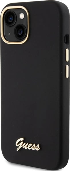 Mbështjellës Guess Silicone Script Metal Logo & Frame për iPhone 15, i zi