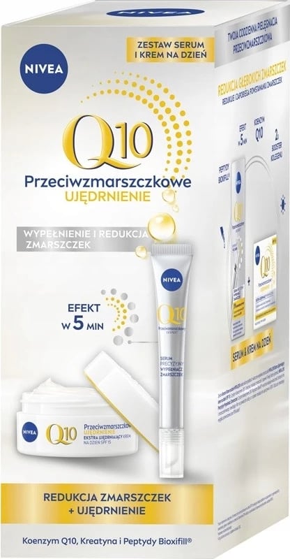 Krem ditës dhe serum kundër rrudhave Nivea Q10 Anti-Wrinkle Duo Extra Firming SPF15 Precise Wrinkle Filler për femra, 50ml + 15ml Krem ditës dhe serum kundër rrudhave Nivea Q10 Anti-Wrinkle Duo Extra Firming SPF15 Precise Wrinkle Filler për femra, 50ml + 15ml