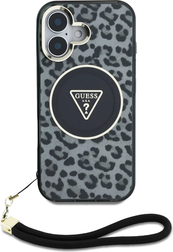 Mbështjellës Guess HC IML Leopard Triangle Cord Strap për iPhone 16, MagSafe, i zi