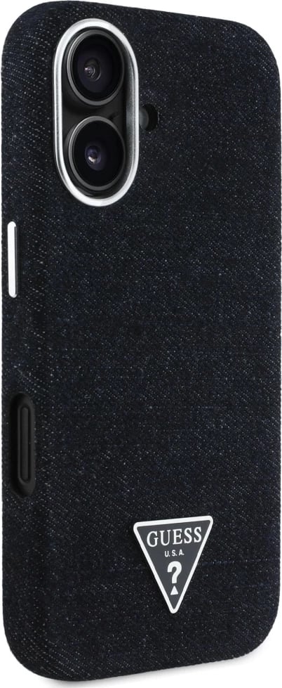 Mbështjellës Guess Denim Triangle Logo MagSafe për iPhone 16, i zi