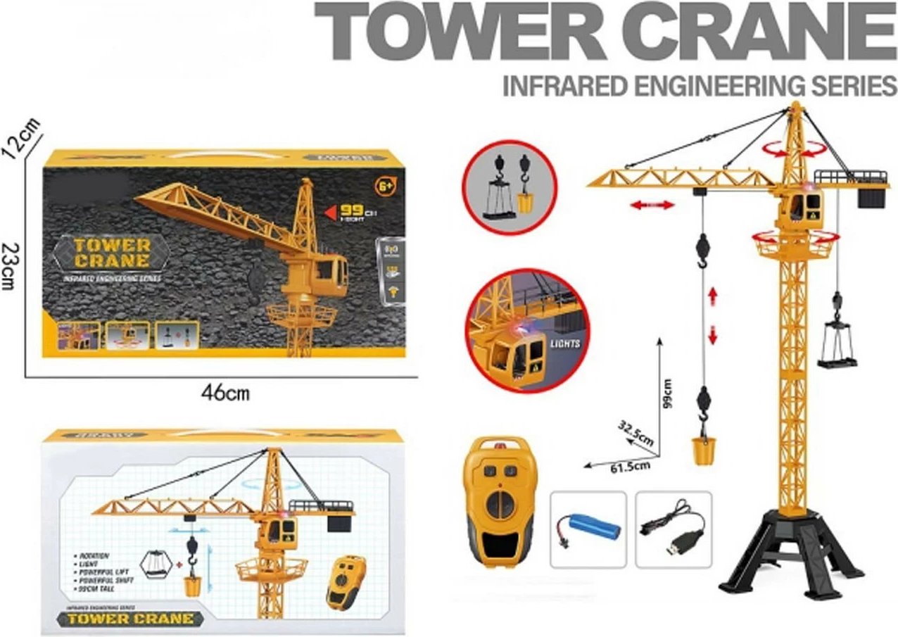 Vinç me telekomandë, Madej, 013211, 99 cm, IR, drita LED, bateri e rikarikueshme, set për montim, verdhë/zezë
