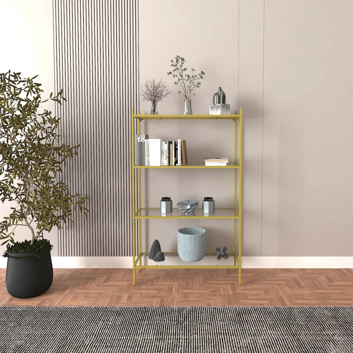 Raft librash Hanah Home Marta, ngjyrë ari, xham