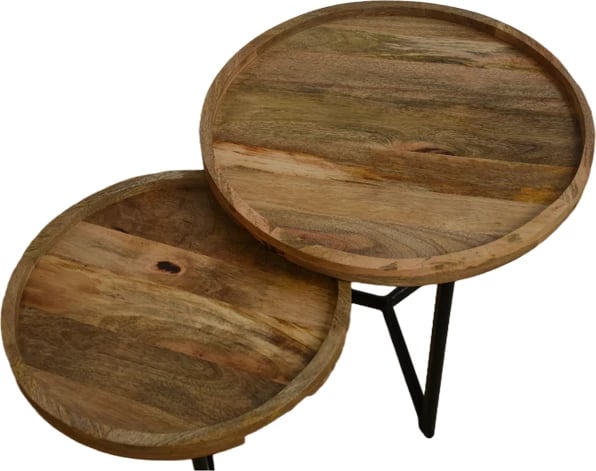 Set tavolinash kafeje Kelly, 2 copë, dru mango natyral, këmbë metalike të zeza