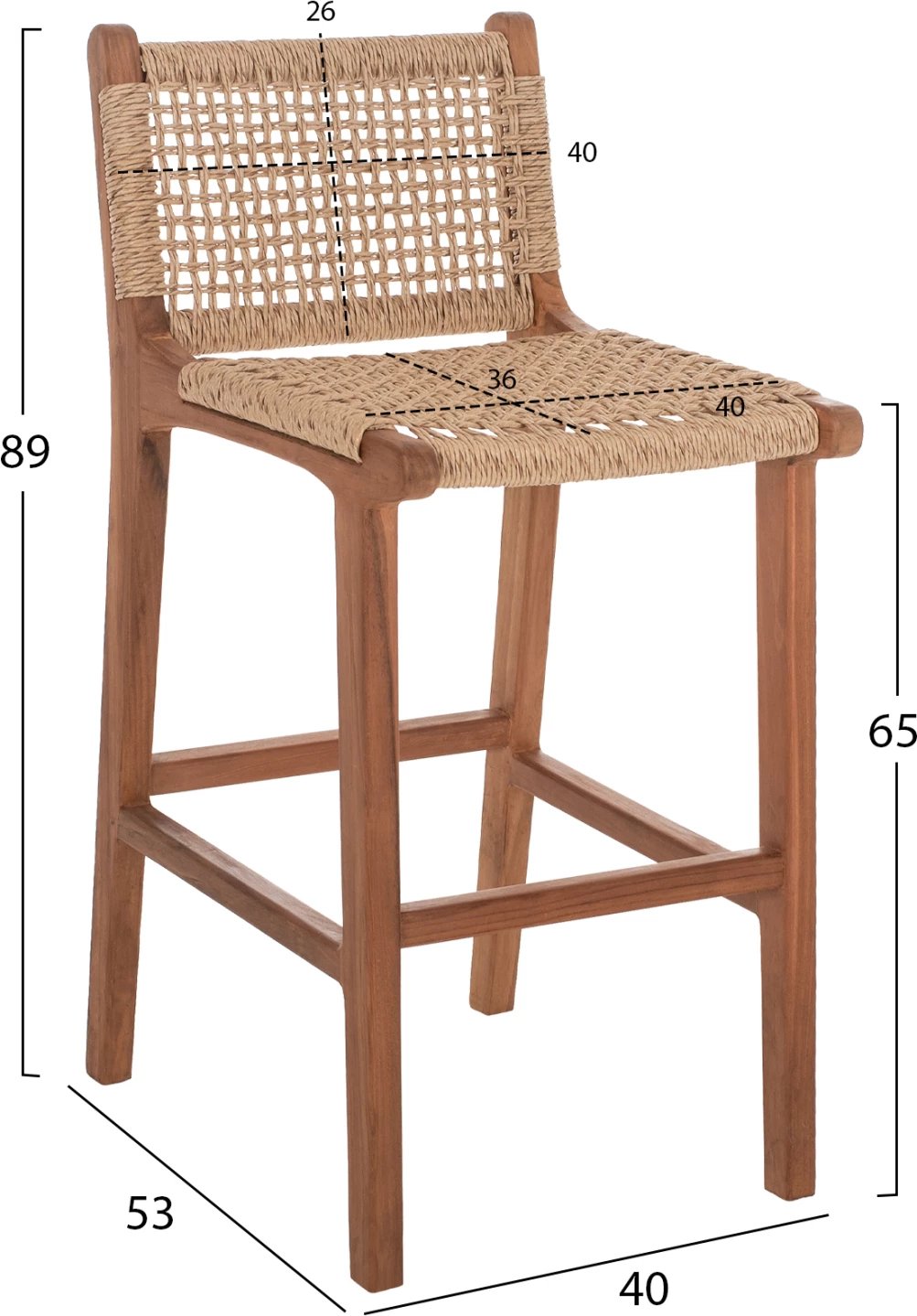Karrige për bar me mbështetëse për jashtë, dru tik dhe litar, FH9381.01, 40x53x89H cm