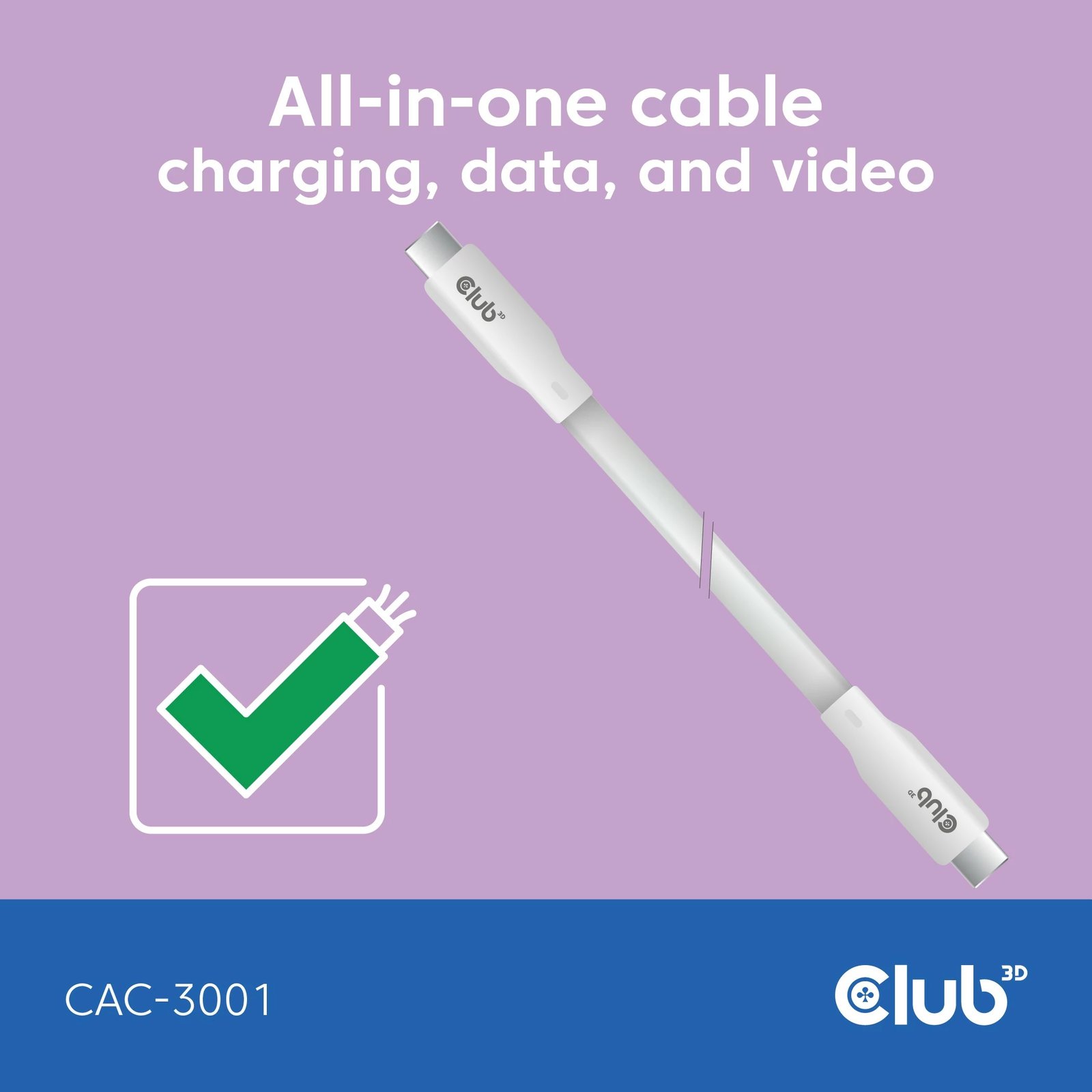 Kabllo USB-C Club3D CAC-3001, 2m, 240W, 20Gbps, e bardhë