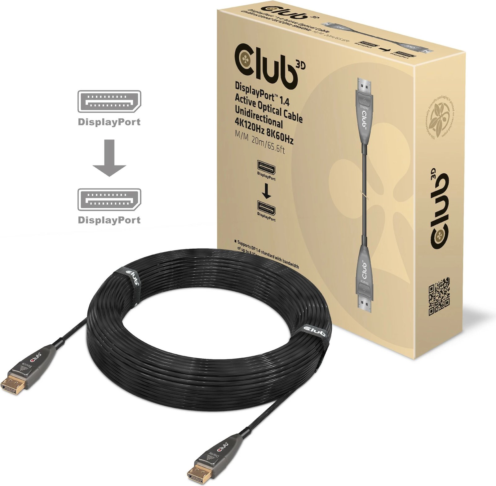 Kabllo DisplayPort Club3D 1.4, 20m, 4K120Hz, e zezë