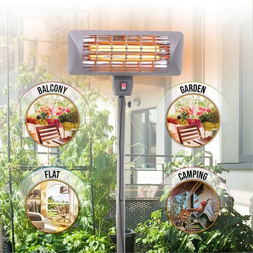 ngrohës terase në këmbë, Adler Camry CR 7737, 1000/2000W, elemente kuarci, IP24, zonë 14 m², lartësi 157–202 cm, gri