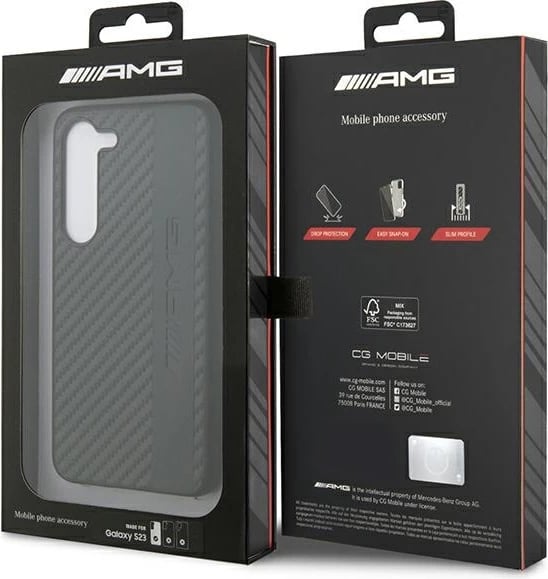 Mbështjellës Mercedes AMG AMHCS23SBLSCA për Samsung Galaxy S23, hardcase, Carbon Stripe & Embossed, i zi