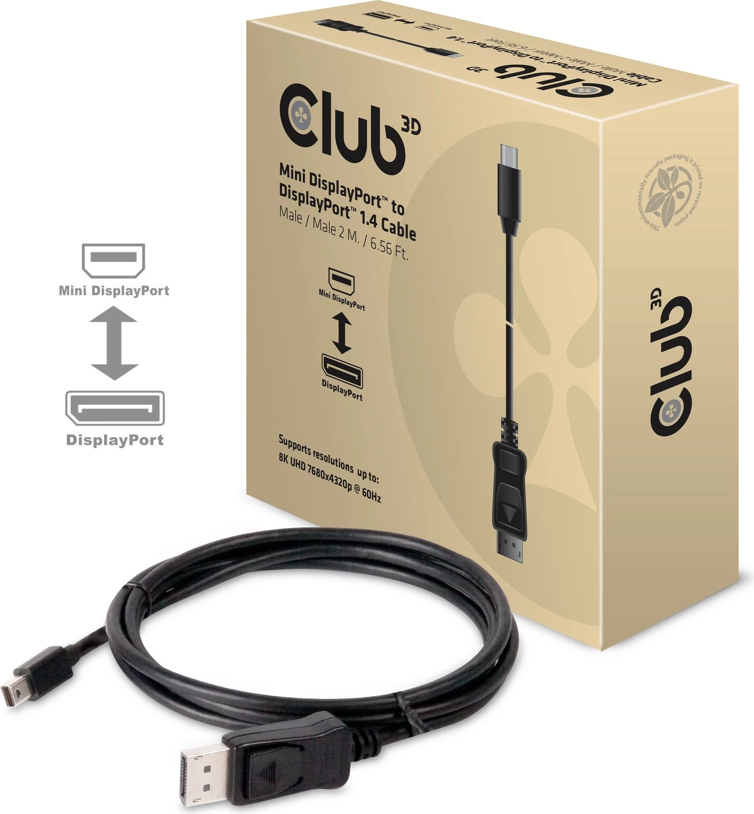 Kabllo DisplayPort Club3D MiniDP 1.4 në DP 1.4, 2m, e zezë
