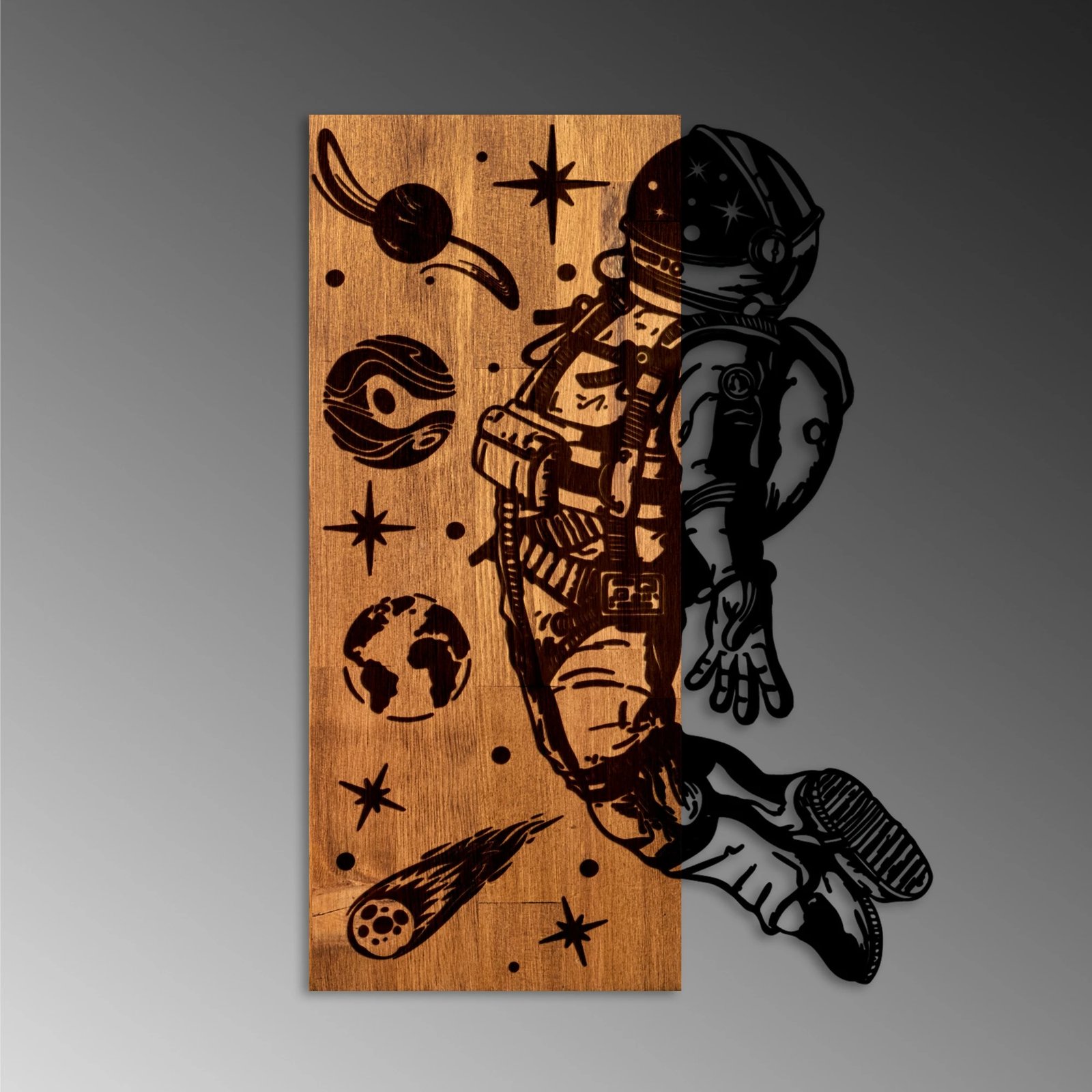 Aksesor dekorativ për mur, dru dhe metal, temë kozmike, ngjyrë arre dhe e zezë, Wallity