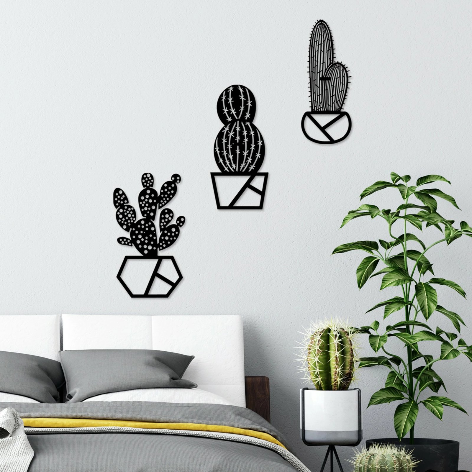 Aksesor dekorativ metalik për mur, Wallity, Cactus-1, set prej 3 copash