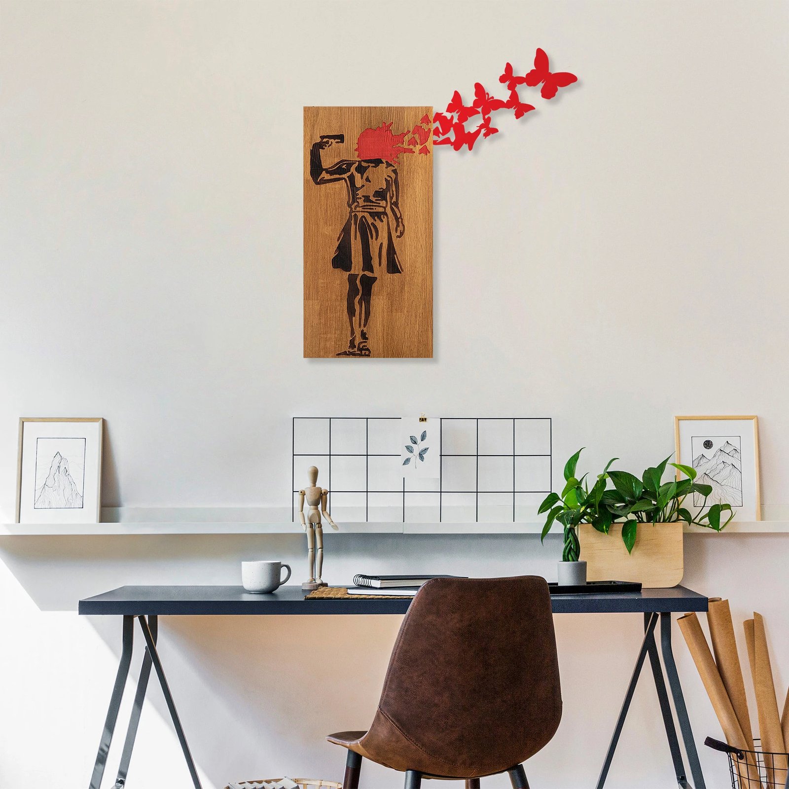 Aksesor dekorativ prej druri për mur, Wallity Banksy - 16, ngjyrë arre dhe e zezë, 99x34cm