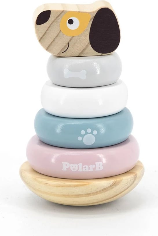 Lodër piramidë grumbulluese prej druri, Viga, Dog, 6 pjesë, 24M+, multingjyrë