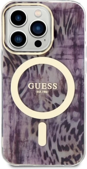 Mbështjellës Guess Leopard MagSafe për iPhone 14 Pro Max 6.7", rozë