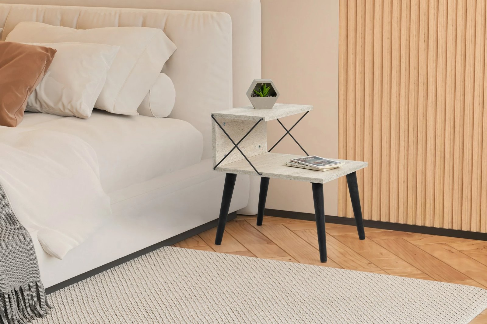 Komodin Hanah Home Cross, ngjyrë e zezë dhe travertin