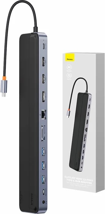 Kasë Baseus EliteJoy Gen2 12në1, USB-C, 2xHDMI, 3xUSB 3.0, PD, DP, SD/TF, RJ45, Type-C, 3.5mm, Gri e errët