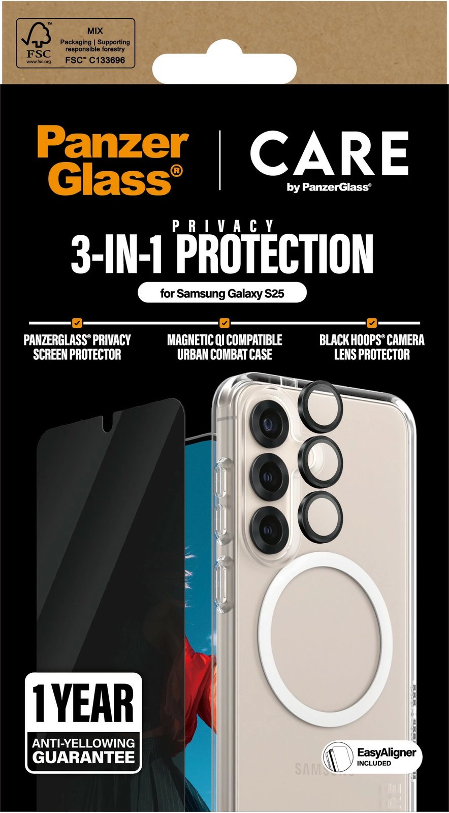 Mbështjellës PanzerGlass CARE Flagship 3-in-1 Privacy Bundle për Samsung Galaxy S25, transparent