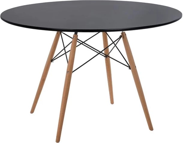 Tavolinë ngrënieje e rrumbullakët minimaliste, FH8454.02, MDF ngjyrë e zezë, këmbë druri ahu natyral, Φ120x74H cm