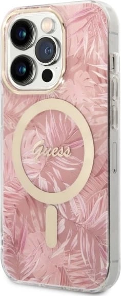 Mbështjellës Guess Jungle Collection me MagSafe + karikues wireless për iPhone 14 Pro 6.1", rozë
