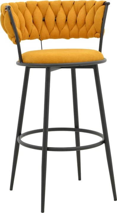 Karrige për bar Alkia, set prej 2 copë, material stof i verdhë, këmbë metalike të zeza, 50x56x95cm