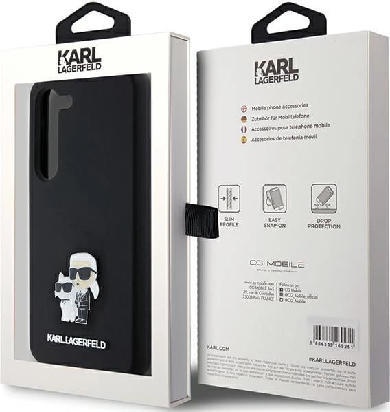 Mbështjellës Karl Lagerfeld Silicone Karl&Choupette Metal Pin për Samsung Galaxy S23, i zi