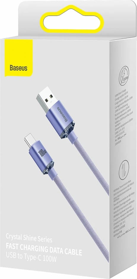 Kabllo për karikim të shpejtë Baseus Crystal Shine Series, USB-A në USB-C, 2m, 100W, vjollcë
