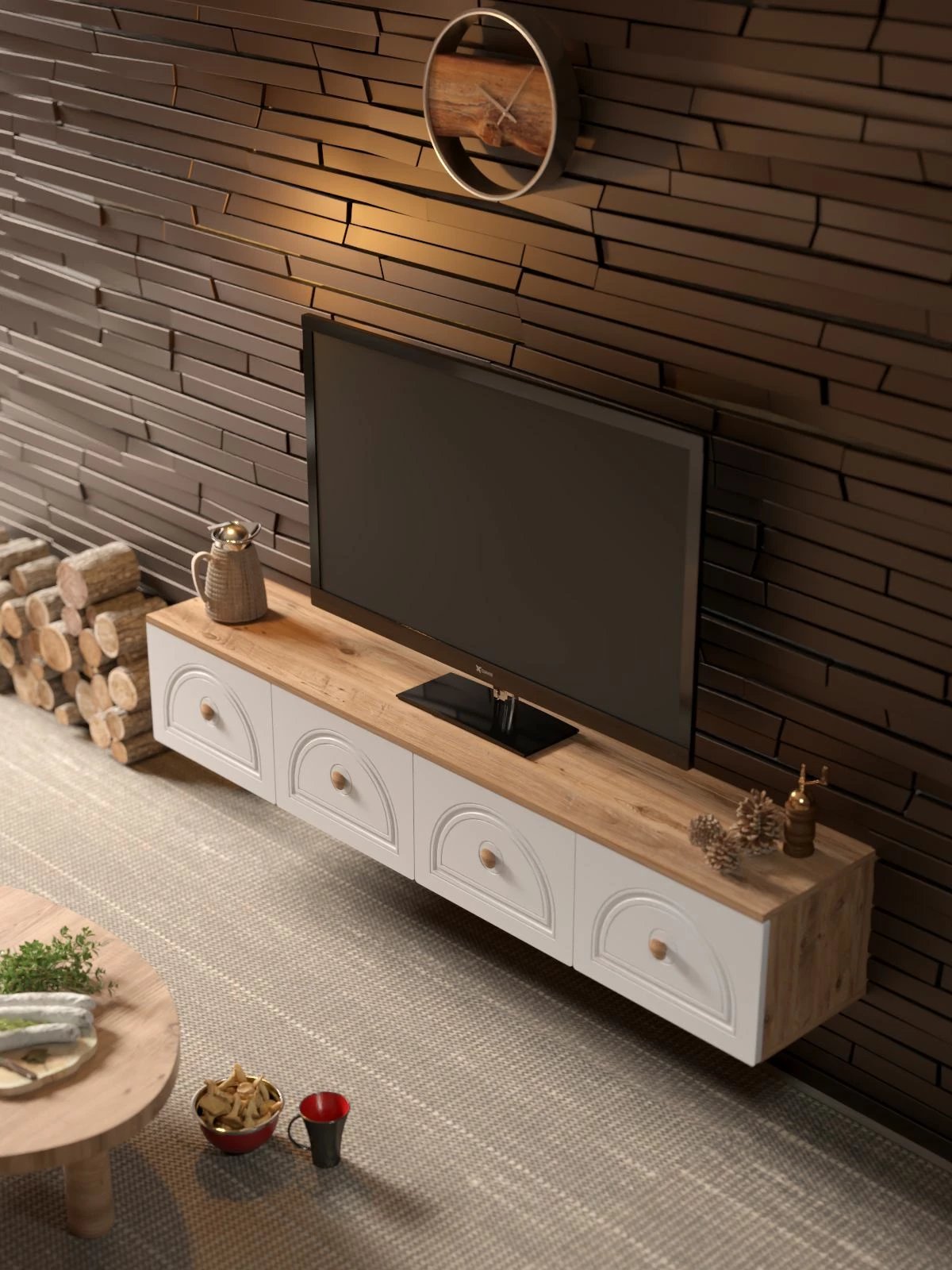 Komodë TV Skye Decor, Virella 180, ngjyrë pishë Atlantike dhe e bardhë