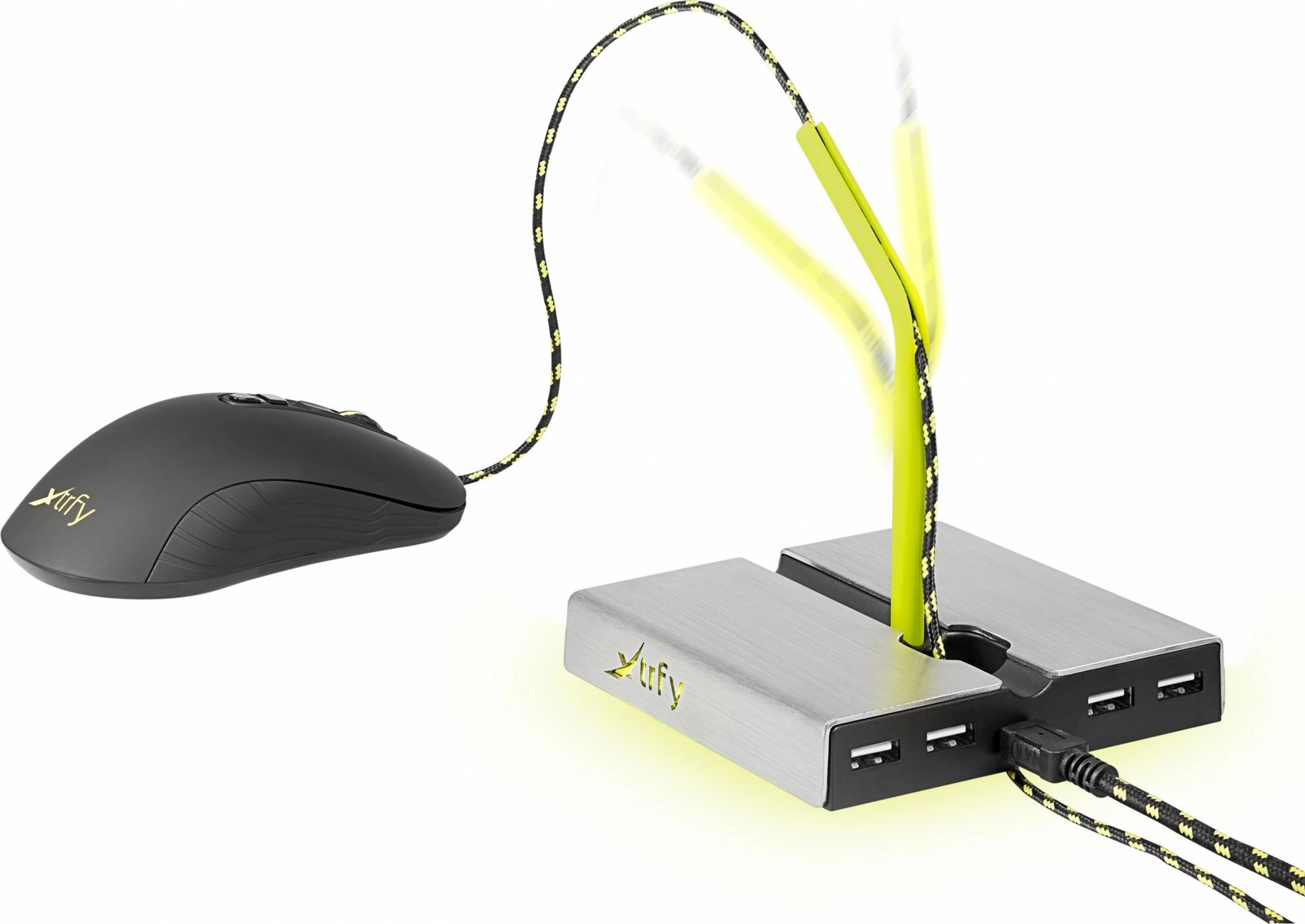 Mouse bungee Cherry Xtrfy B4 me LED, 4 porta USB, argjendtë/verdhe