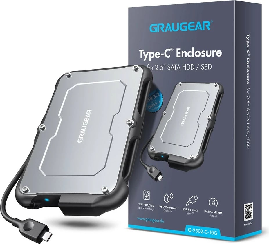 Kasë e jashtme GrauGear 2.5" USB Type-C, 6 Gbit/s, silikon/çelik, e zezë