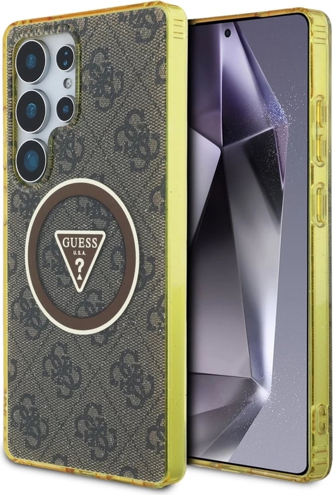 Mbështjellës Guess 4G Glitter Triangle Buttons MagSafe për Samsung Galaxy S25 Ultra, Kafe