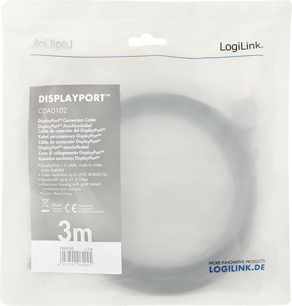 Kabllo DisplayPort LogiLink CDA0102, 3m, 4K/60 Hz, e zezë/gri