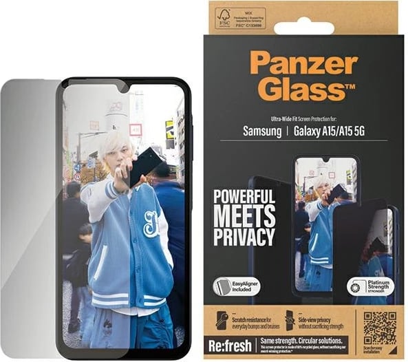 Mbrojtës ekrani PanzerGlass Ultra-Wide Fit Privacy për Samsung Galaxy A15/A15 5G, xham i temperuar