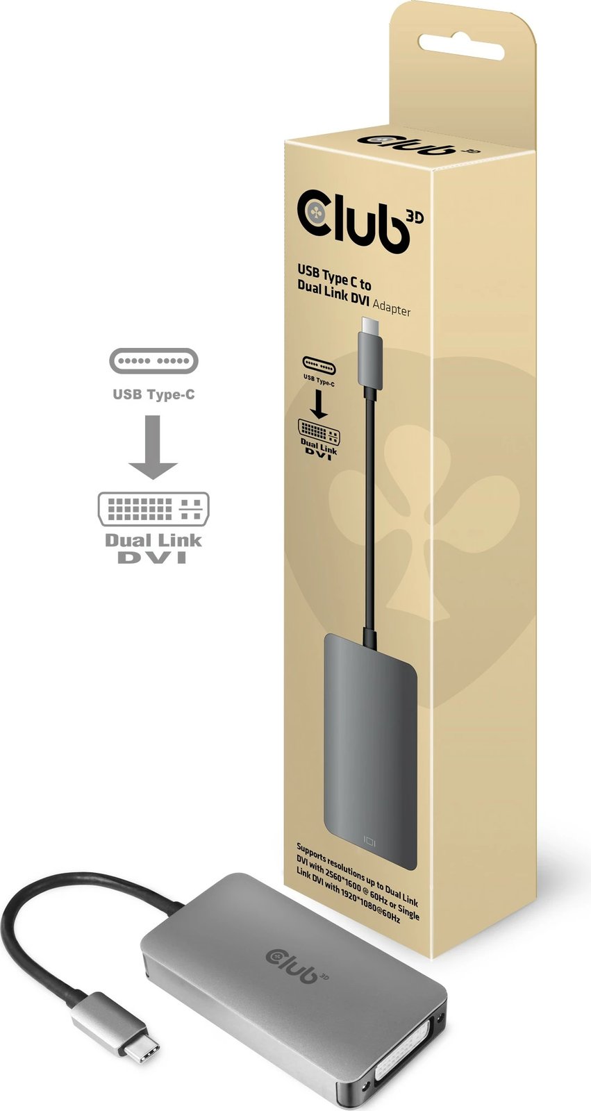 Adapter Club3D USB Type-C në DVI-D, Dual Link, Plug and Play, 2160p, gri