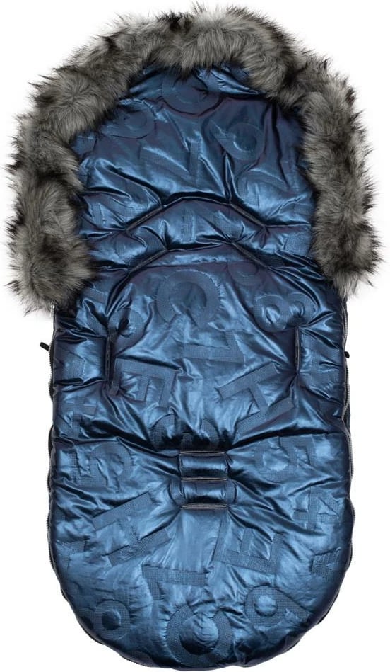 Qese këmbësh dimri, NEW BABY Luxury Fur, 98x48 cm, hapje me zinxhir rrethor, vrima për rripa 5‑pikësh, kapuç me gëzof i heqshëm, blu