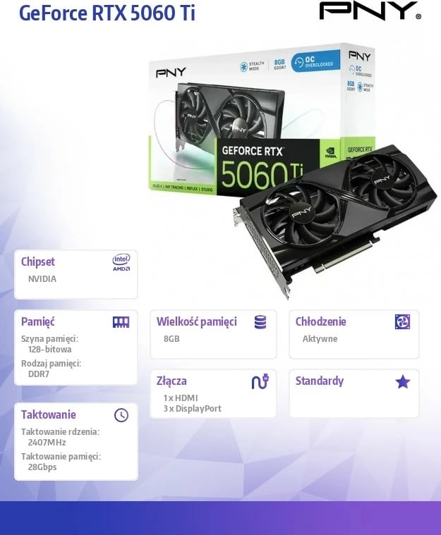 Kartelë grafike PNY GeForce RTX 5060 Ti OC 8GB, PCI-E 5.0, e zezë